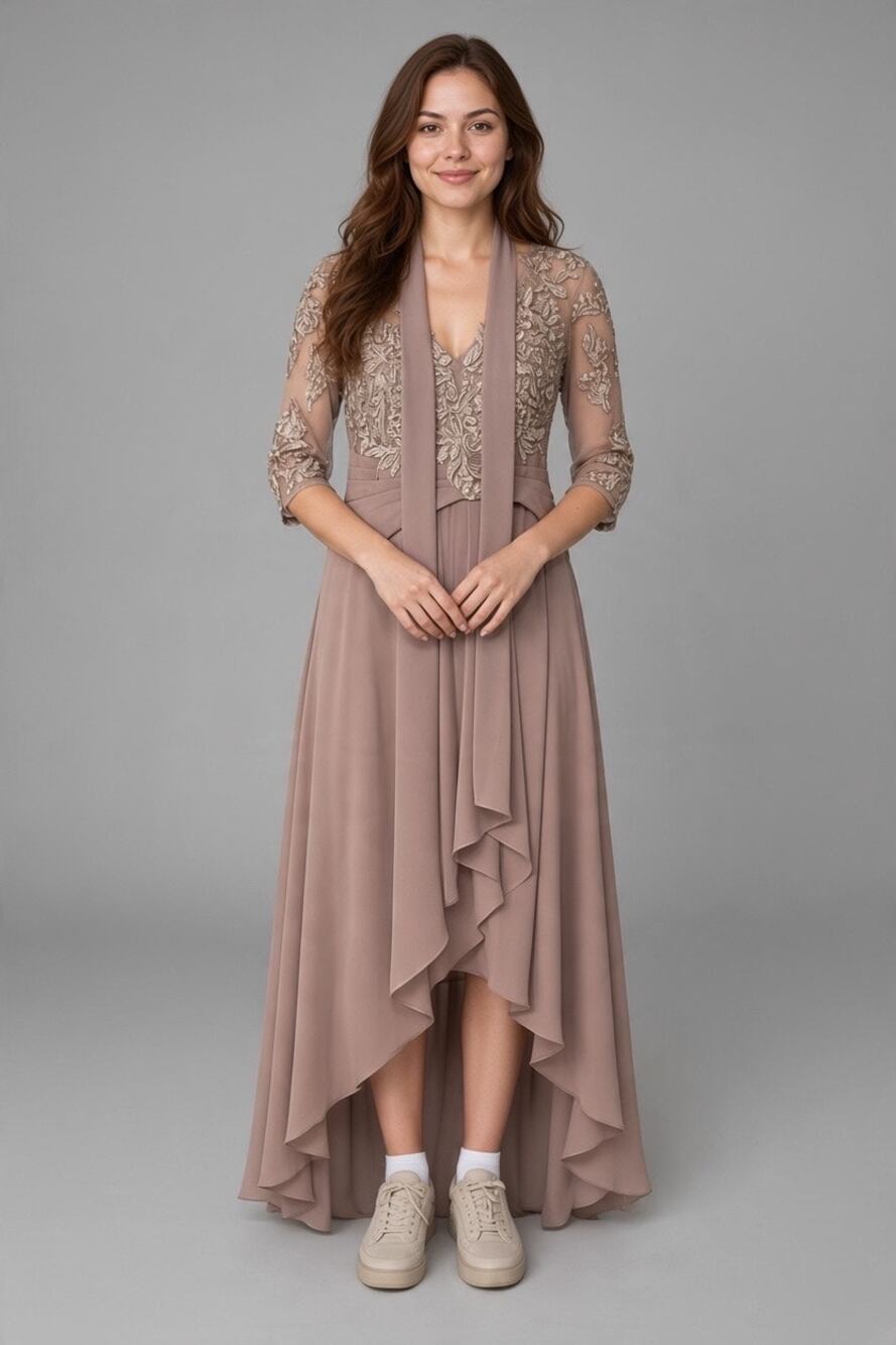 Mauve Lace Formal Dress Size 16 Sheer Sleeves Mother of Bride Gown With Scarf